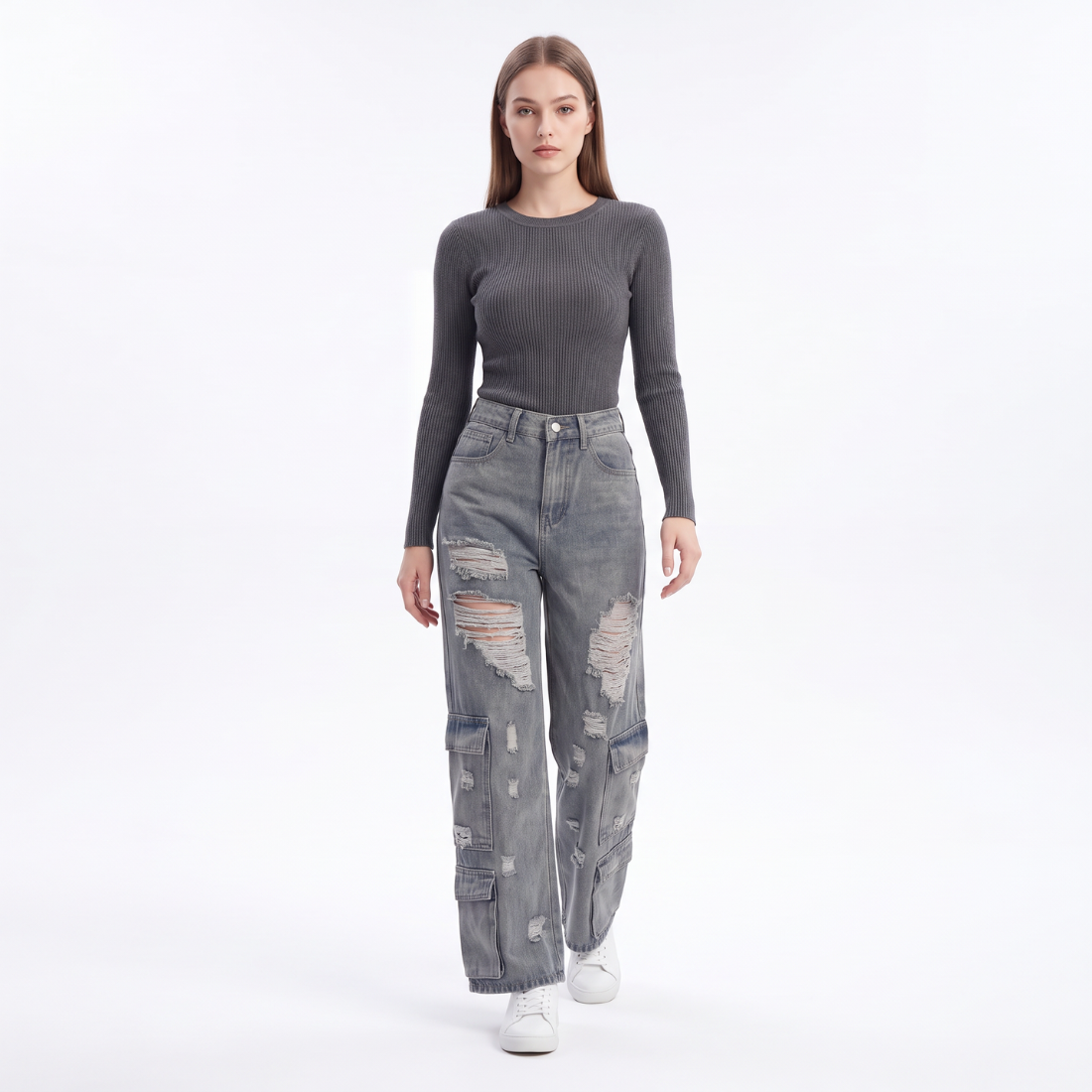 Women's Vintage High Waist Distressed Wide Leg Cargo Jeans