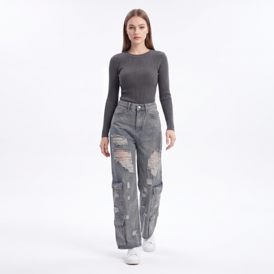 Women's Vintage High Waist Distressed Wide Leg Cargo Jeans