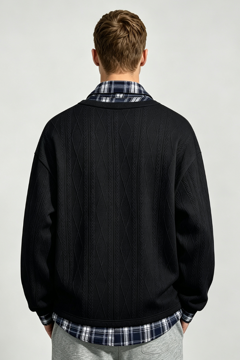 Men's Fall Winter Plaid-Collar Layered Jacquard Sweatshirt