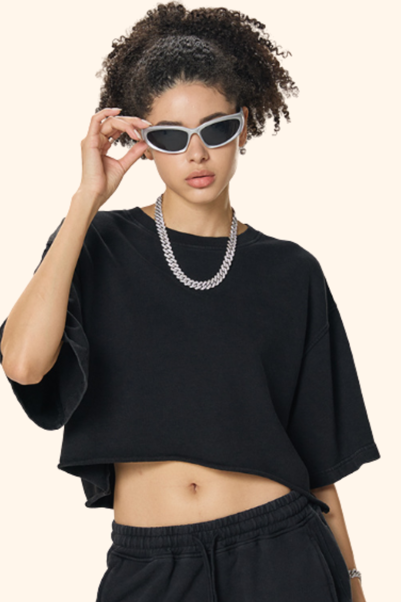 Women's Summer Washed Crop Boxy 280g Cotton Distressed Set