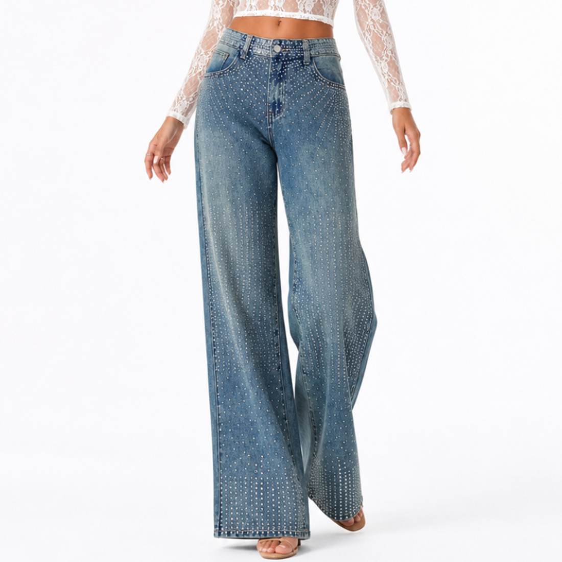 Women's High Waist Rhinestone Embellished Straight Leg Jeans