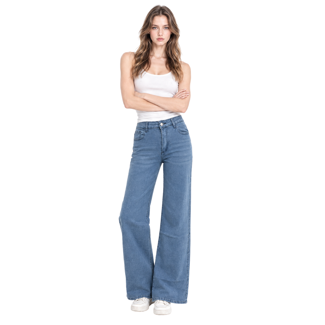 Women's High Waist Blue Stretch Wide Leg Jeans