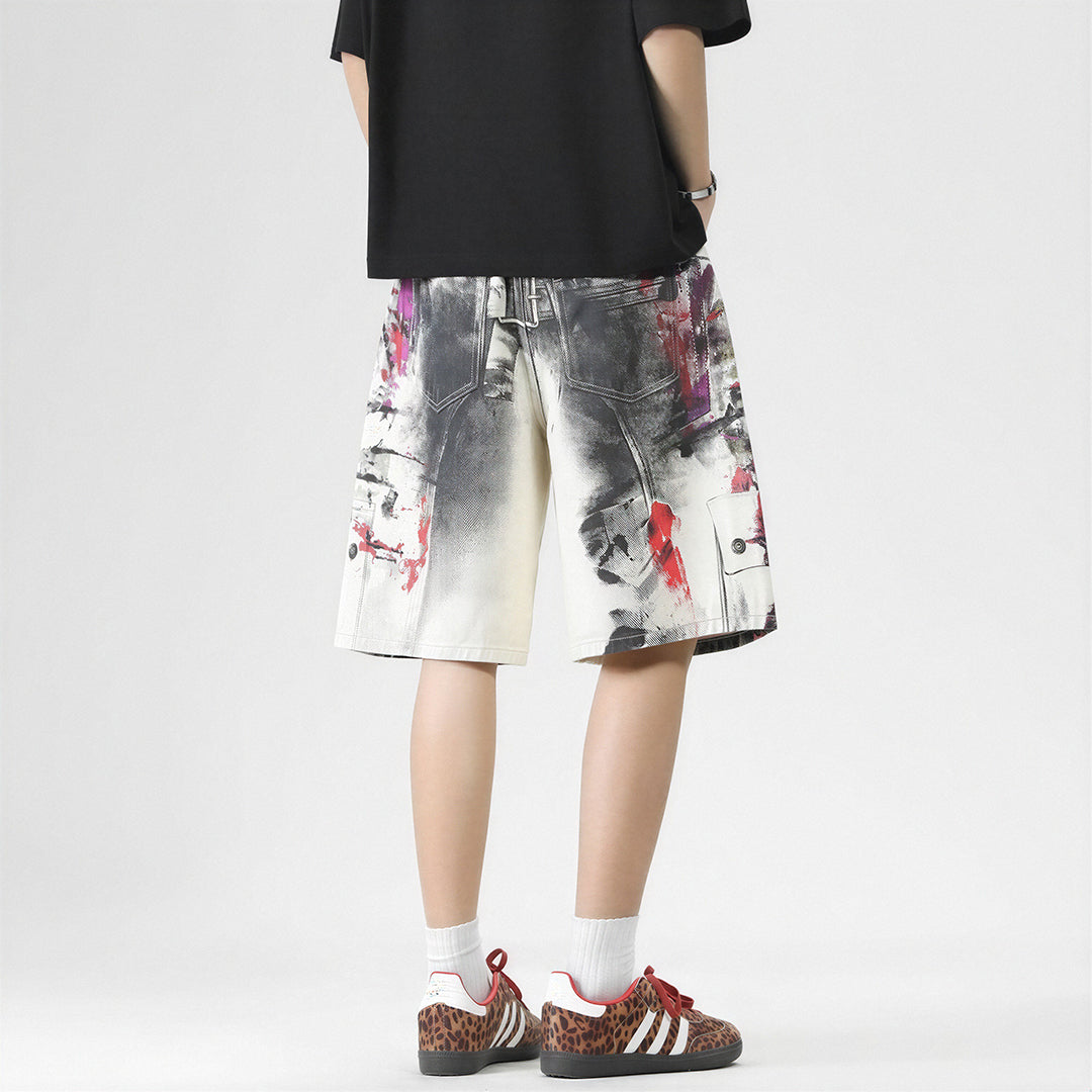 Men's Summer Abstract Splash Ink Art Print Denim Shorts