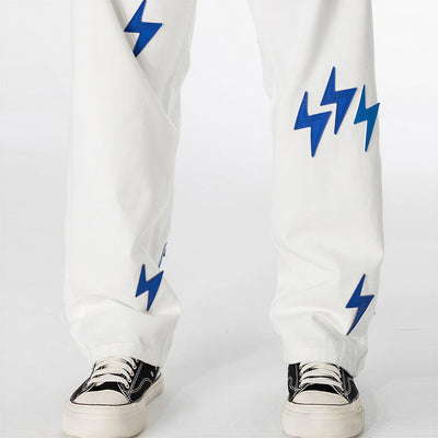 Men's Spring White & Blue Lightning Embroidery Jeans