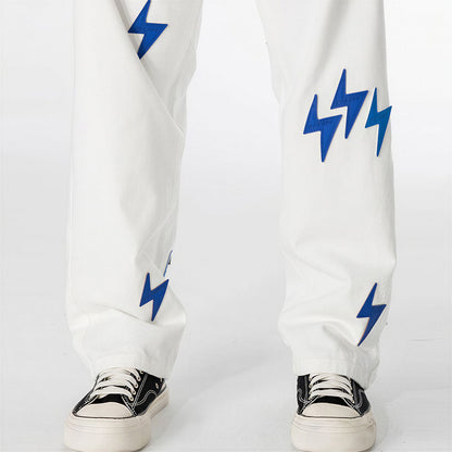 Men's Spring White & Blue Lightning Embroidery Jeans