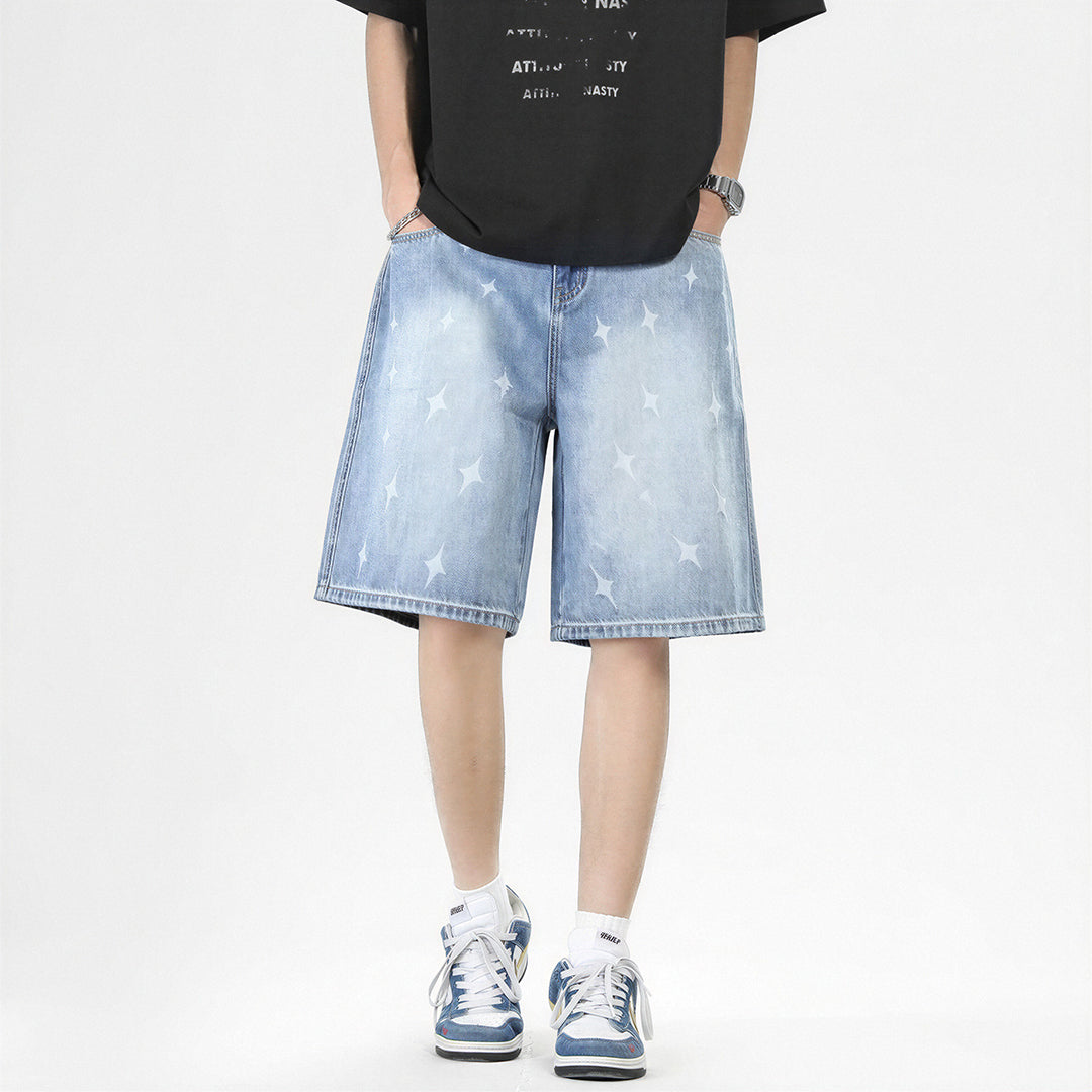 Men's Summer Light Wash Cross Print Baggy Denim Shorts