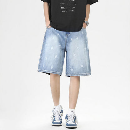 Men's Summer Light Wash Cross Print Baggy Denim Shorts
