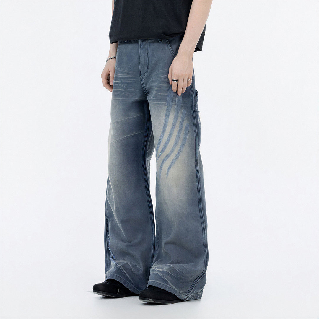 Men's Spring Blue Gray Gradient Cat Whisker Denim Jeans