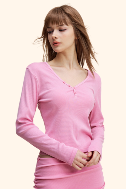 Women's 275g Sexy V-Neck Button Long Sleeve Slim Knit Top