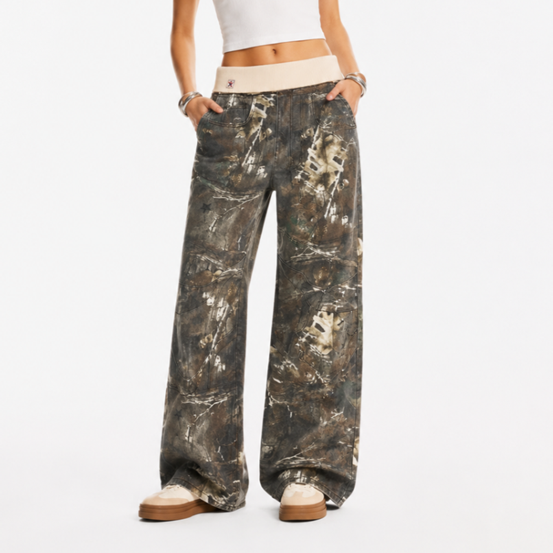 Women's Vintage High Waist Wash Camo Print Wide Leg Jeans
