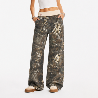 Women's Vintage High Waist Wash Camo Print Wide Leg Jeans