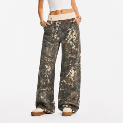 Women's Vintage High Waist Wash Camo Print Wide Leg Jeans