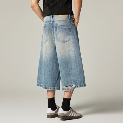 Men's Summer Vintage Washed Distressed Wide-Leg Denim Shorts