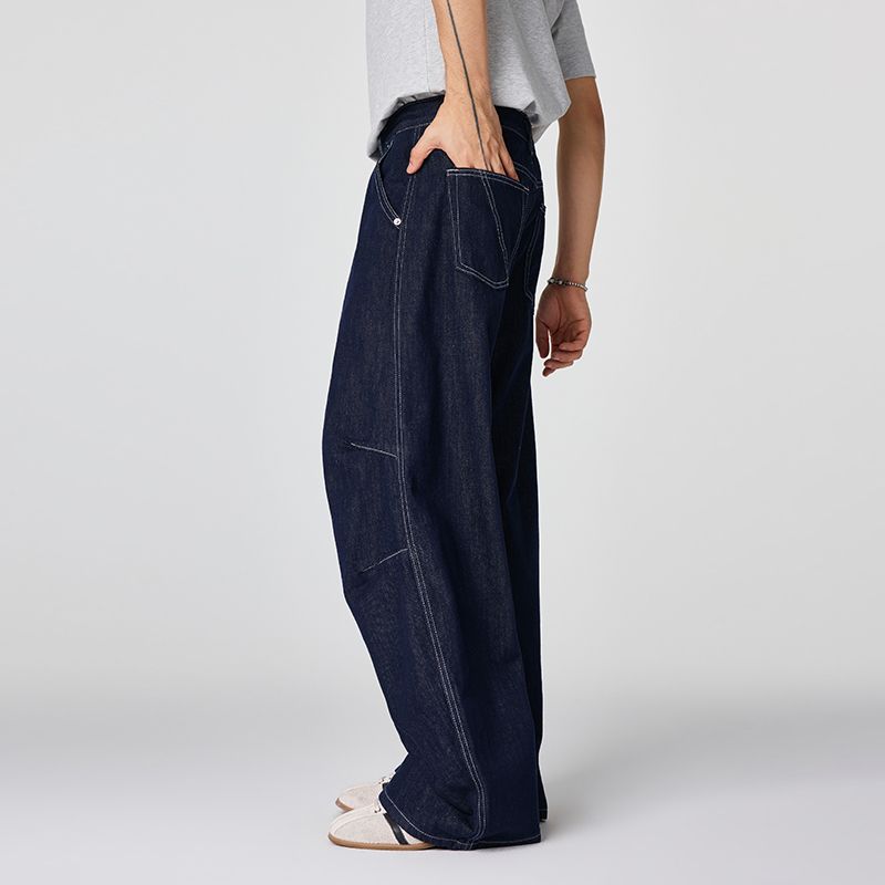 Men's Spring Indigo Raw Deconstructed Wide-Leg Denim Jeans
