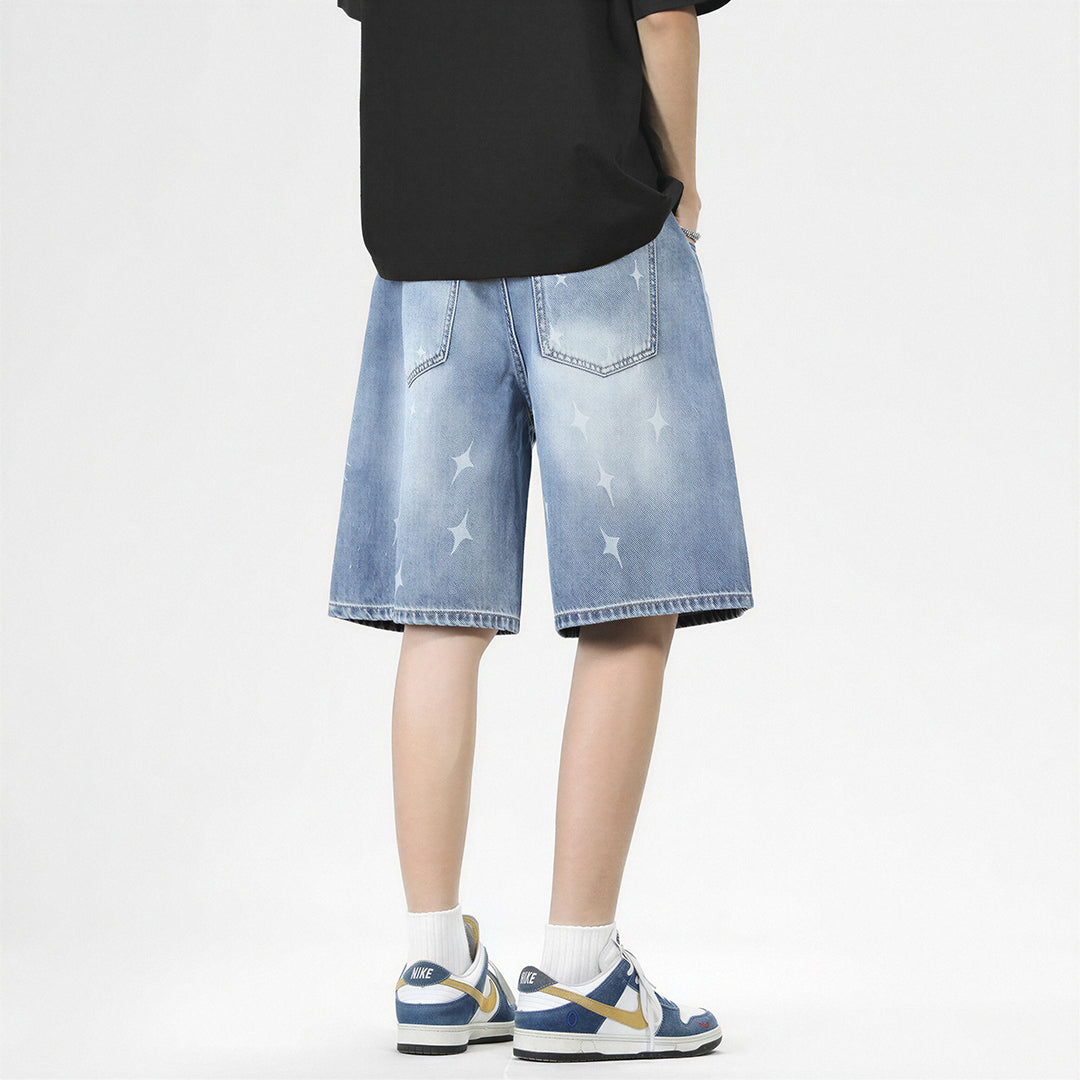 Men's Summer Light Wash Cross Print Baggy Denim Shorts