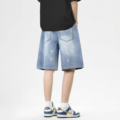 Men's Summer Light Wash Cross Print Baggy Denim Shorts