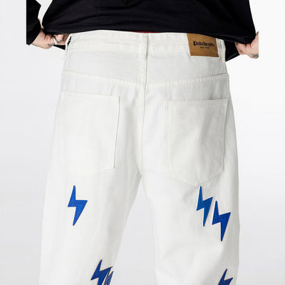 Men's Spring White & Blue Lightning Embroidery Jeans