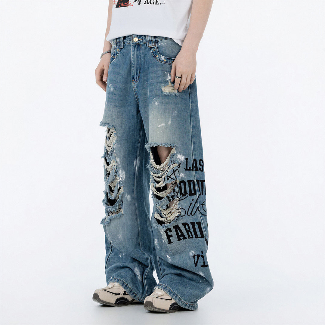 Men's Spring Heavy Ripped Splatter Print Denim Jeans