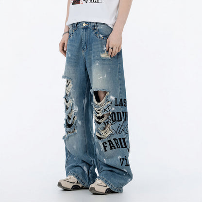 Men's Spring Heavy Ripped Splatter Print Denim Jeans