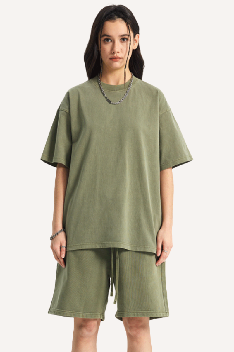 Unisex Summer Washed Distressed Fade Tee & Shorts Set