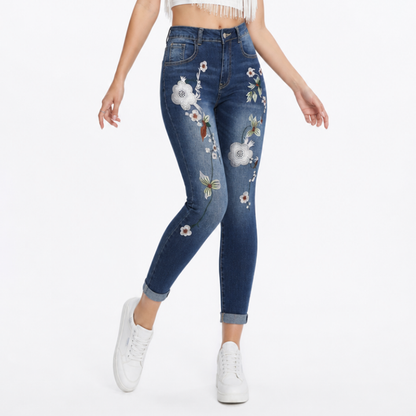 Women's Vintage High Waist Floral Embroidered Skinny Jeans