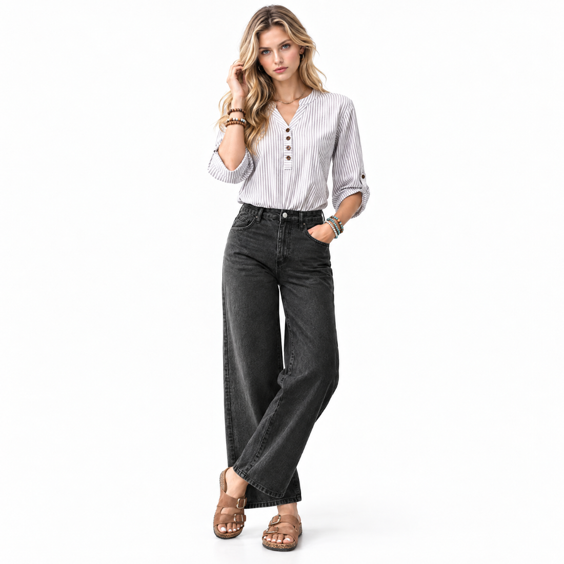 Women's Vintage Washed Black High Waist Wide Leg Jeans