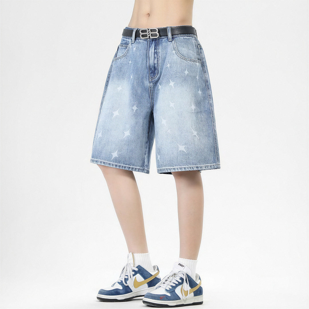 Men's Summer Light Wash Cross Print Baggy Denim Shorts