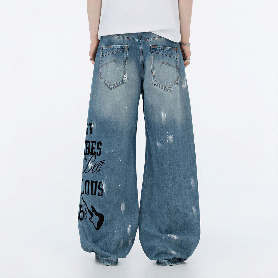 Men's Spring Heavy Ripped Splatter Print Denim Jeans