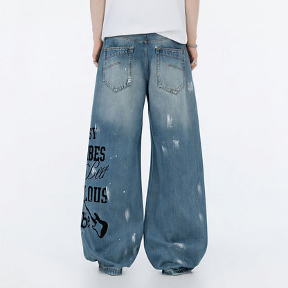 Men's Spring Heavy Ripped Splatter Print Denim Jeans