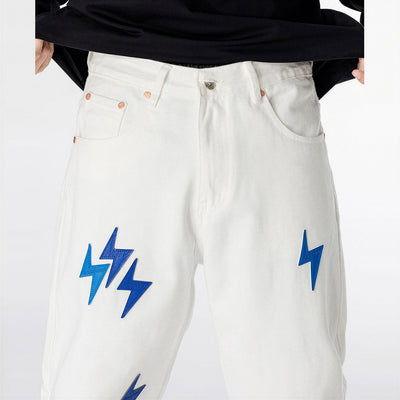 Men's Spring White & Blue Lightning Embroidery Jeans