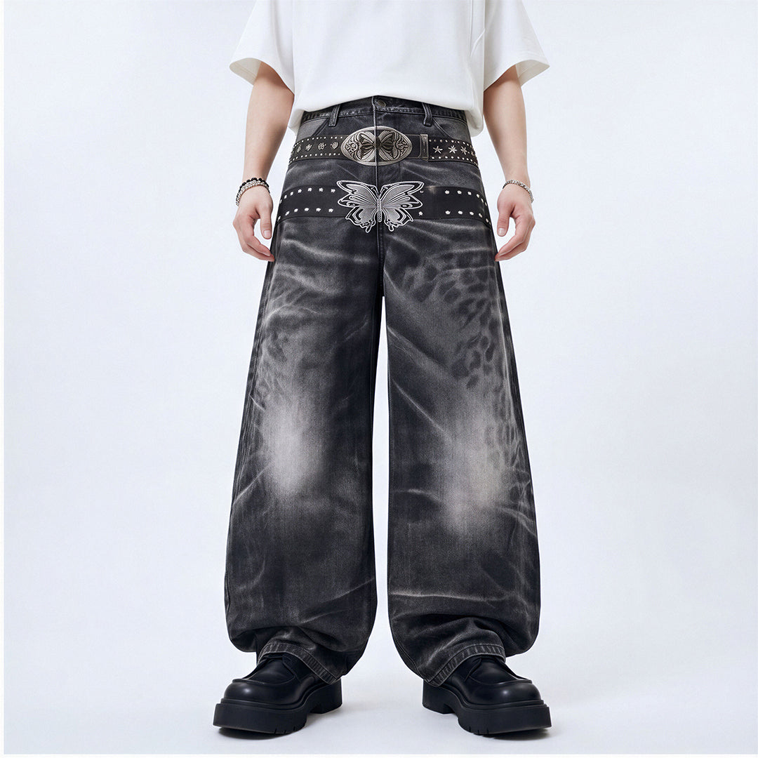 Men's Spring Gradient Butterfly Rivet Wide-Leg Denim Jeans