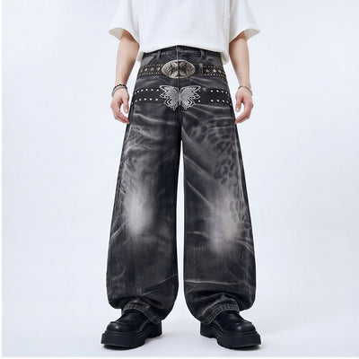 Men's Spring Gradient Butterfly Rivet Wide-Leg Denim Jeans