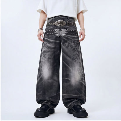 Men's Spring Gradient Butterfly Rivet Wide-Leg Denim Jeans