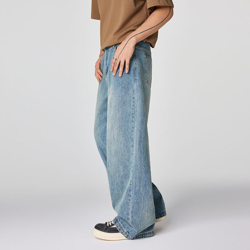 Men's Spring Light Blue Vintage Washed Wide-Leg Denim Jeans