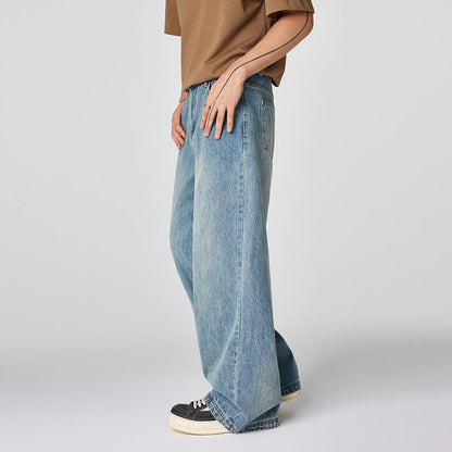 Men's Spring Light Blue Vintage Washed Wide-Leg Denim Jeans