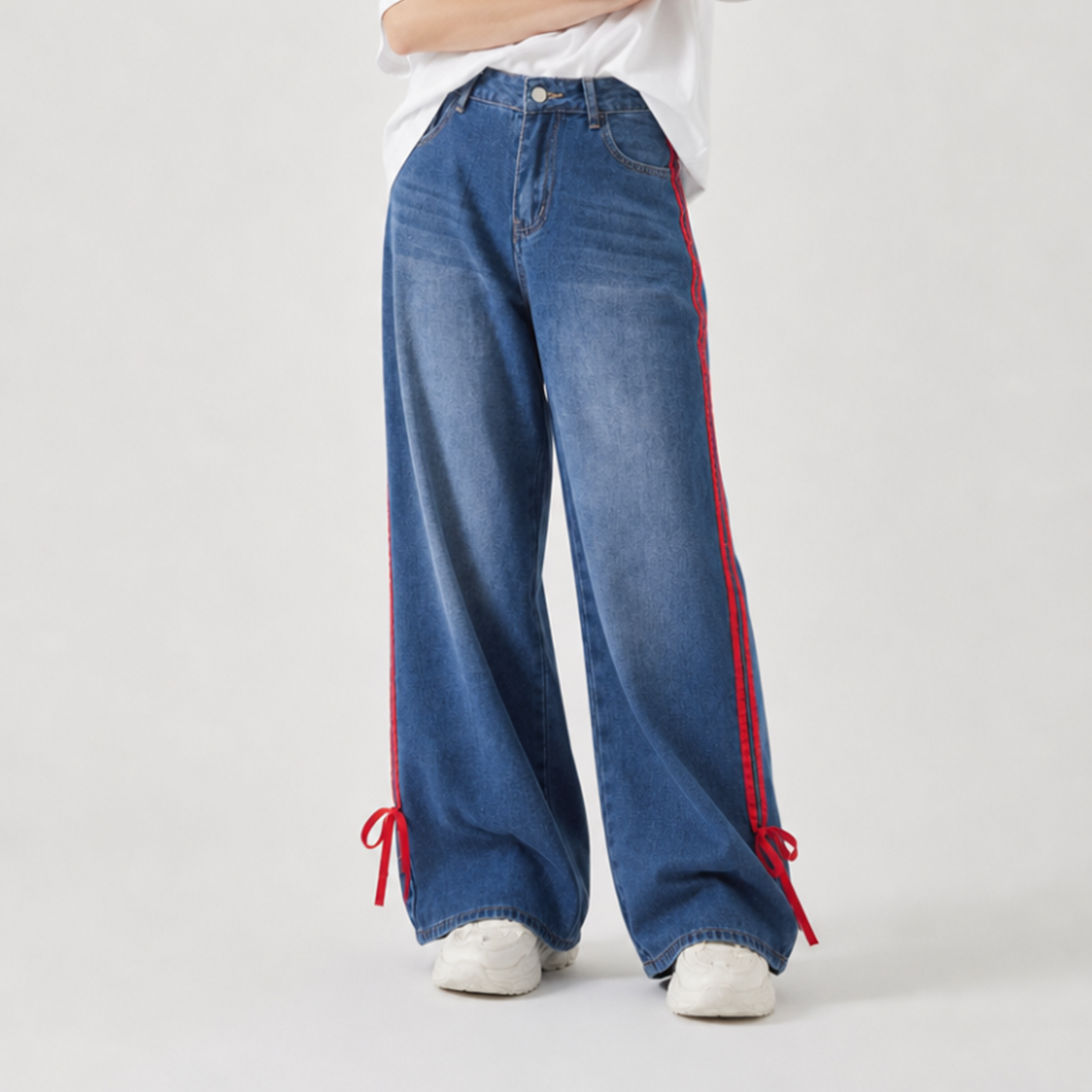 Women's High Waist Wide Leg Jeans with Red Side Stripe