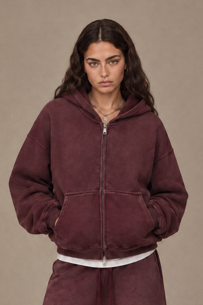 Women Fall Clothing Spray Wash Distressed Zip Hoodie