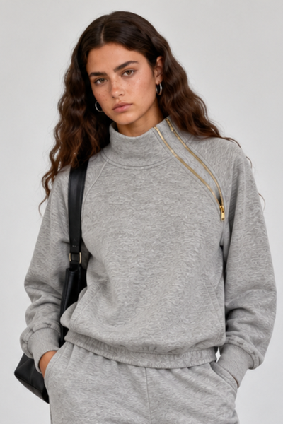 Women Fall Clothing Asymmetric Zip Mock Neck Sweatshirt