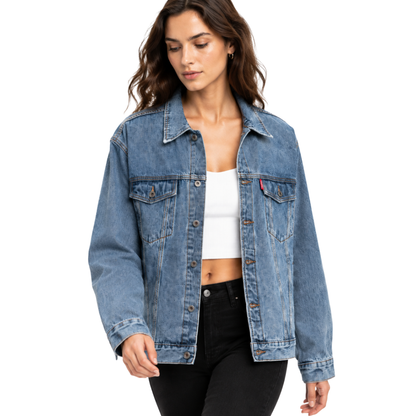Women's Classic Blue Denim Jacket with Red Tag
