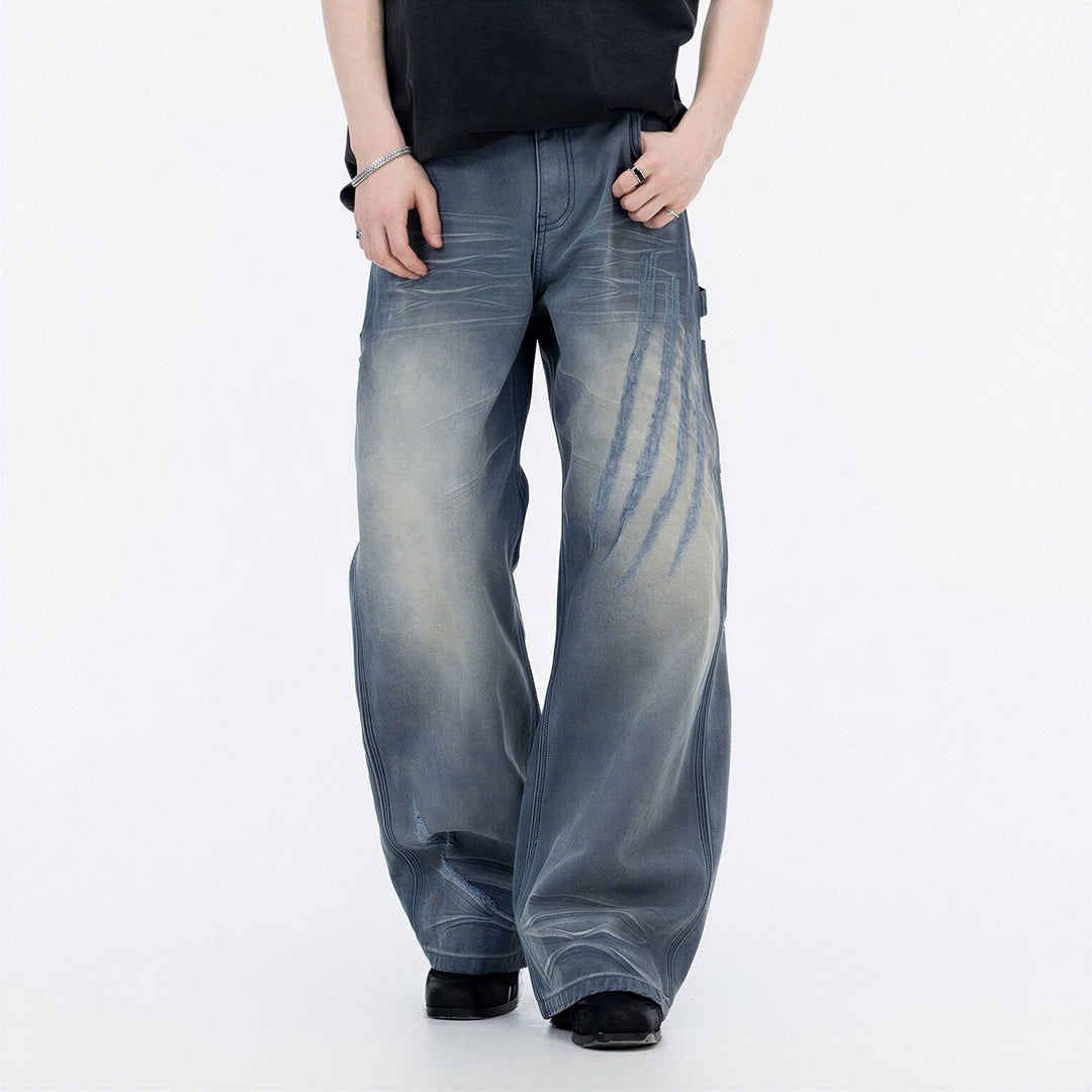 Men's Spring Blue Gray Gradient Cat Whisker Denim Jeans