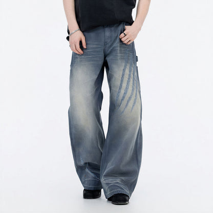 Men's Spring Blue Gray Gradient Cat Whisker Denim Jeans