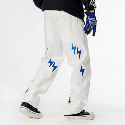 Men's Spring White & Blue Lightning Embroidery Jeans