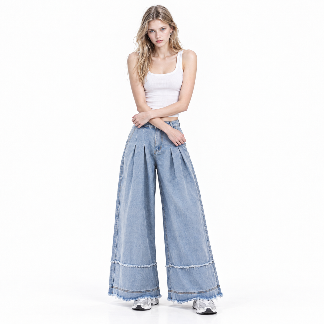 Women's High Waist Pleated Wide Leg Jeans