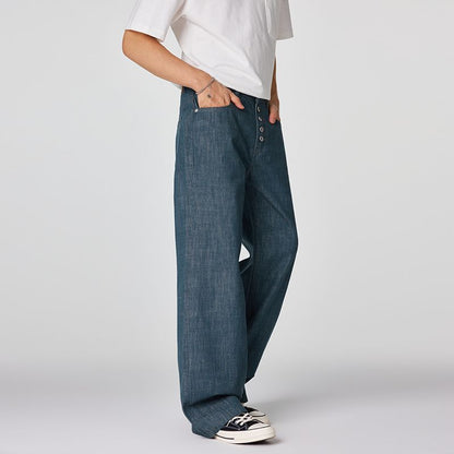 Men's Spring Cotton Button Fly Wide-Leg Flare Denim Jeans