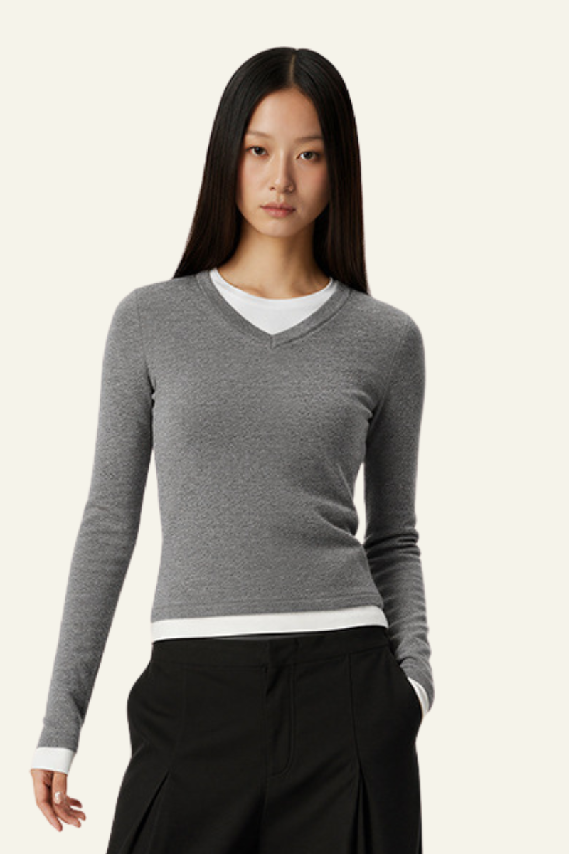 Women V-Neck Layered Long-Sleeve Knit T-Shirt