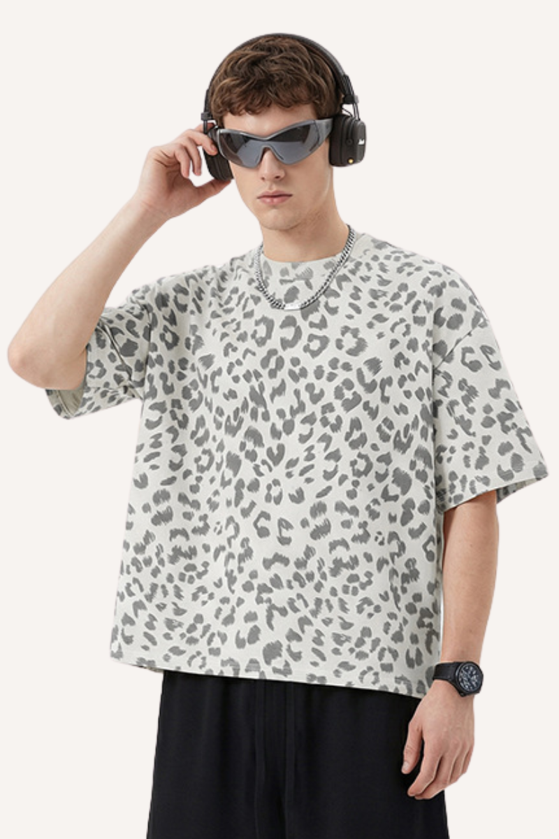 Men's Summer Retro Boxy Leopard Crewneck Loose Tee