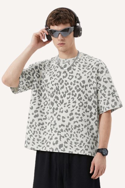 Men's Summer Retro Boxy Leopard Crewneck Loose Tee