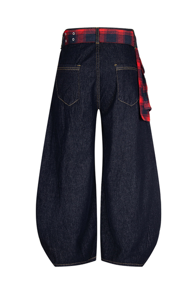 Unisex Summer Plaid Belt Barrel-Leg Cotton Denim Jeans