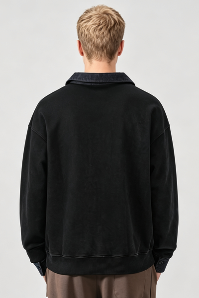 Men's Fall Winter Fleece-Lined Denim-Collar Polo Sweatshirt