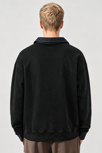 Men's Fall Winter Fleece-Lined Denim-Collar Polo Sweatshirt